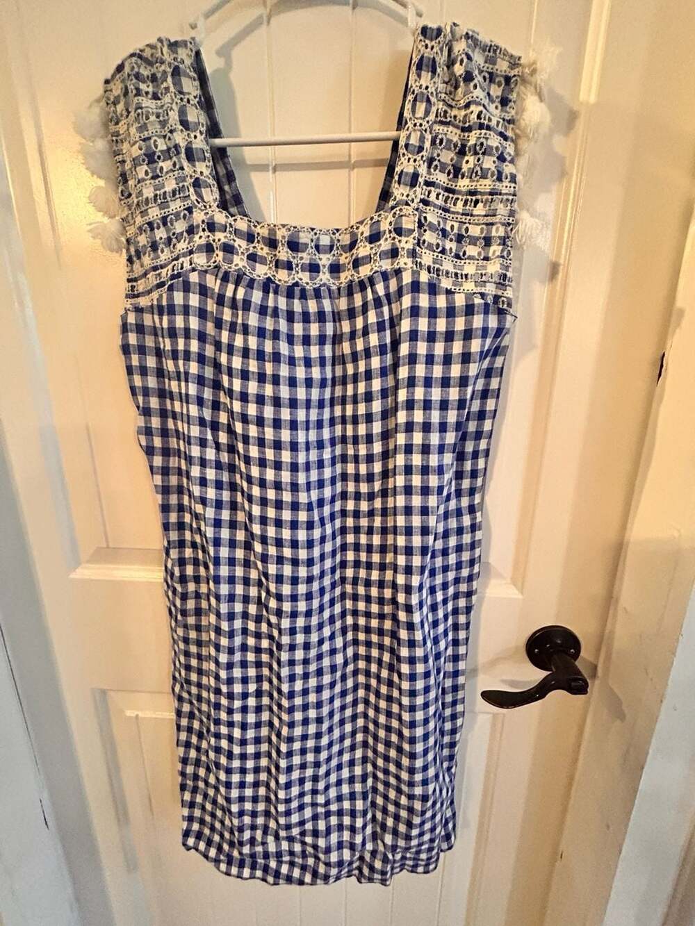 J.McLaughlin Linen Blue and White Gingham Tassel Trim Shift Dress